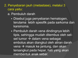 2. Penyebaran jauh (metastase), melalui 3
cara yaitu:
a. Pembuluh darah
 Disebut juga penyebaran hematogen,
terutama lebih spesifik pada sarkoma dan
karsinoma.
 Pembuluh darah vena dindingnya lebih
tipis, sehingga mudah ditembus oleh sel-
sel tumor  dalam vena sebagai
embolus akan diangkut oleh aliran darah
vena  masuk ke jantung, dan akan
tersangkut pada hepar, hati yang akan
membentuk anak sebar.
 
