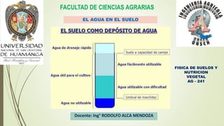 FISICA DE SUELOS Y
NUTRICION
VEGETAL
AG - 241
EL AGUA EN EL SUELO
FACULTAD DE CIENCIAS AGRARIAS
Docente: Ing° RODOLFO ALCA MENDOZA
 