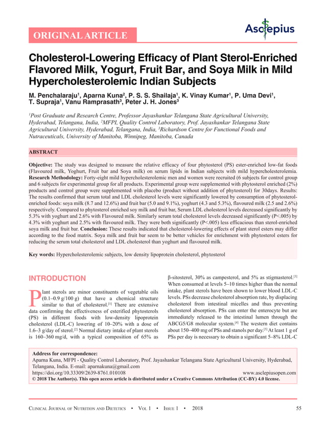 CholesterolLowering Efficacy of Plant SterolEnriched Flavored Milk