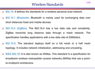 1-12
Wireless Standards
 802.15: It defines the standards for a wireless personal area network.
 802.15.1 (Bluetooth): Bluetooth is mainly used for exchanging data over
short distances fixed and mobile devices.
 802.15.4 (ZigBee): The 802.15.4 has a low data rate and complexity.
ZigBee transmits long distance data through a mesh network. The
specification handles applications with a low data rate of 250kbits/s.
 802.15.5: The standard deploys itself on a full mesh or a half mesh
topology. It includes network initialization, addressing and unicasting.
 IEEE 802.16: It is also known as WiMax. This standard is a specification for
broadband wireless metropolitan access networks (MANs) that use a point-
to-multipoint architecture.
 
