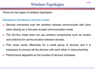1-13
Wireless Topologies
There are two types of wireless topologies:
Standalone Architecture (Ad-Hoc mode)
 Devices connected over the wireless network communicate with each
other directly as in the peer-to-peer communication mode.
 The Ad-Hoc mode does not use wireless components such as routers
and switches for communication between devices.
 This mode works effectively for a small group of devices and it is
necessary to connect all the devices with each other in close proximity.
 Performance degrades as the number of devices increases.
 
