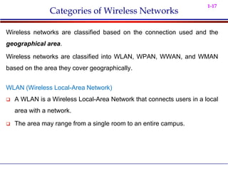 1-17
Categories of Wireless Networks
Wireless networks are classified based on the connection used and the
geographical area.
Wireless networks are classified into WLAN, WPAN, WWAN, and WMAN
based on the area they cover geographically.
WLAN (Wireless Local-Area Network)
 A WLAN is a Wireless Local-Area Network that connects users in a local
area with a network.
 The area may range from a single room to an entire campus.
 