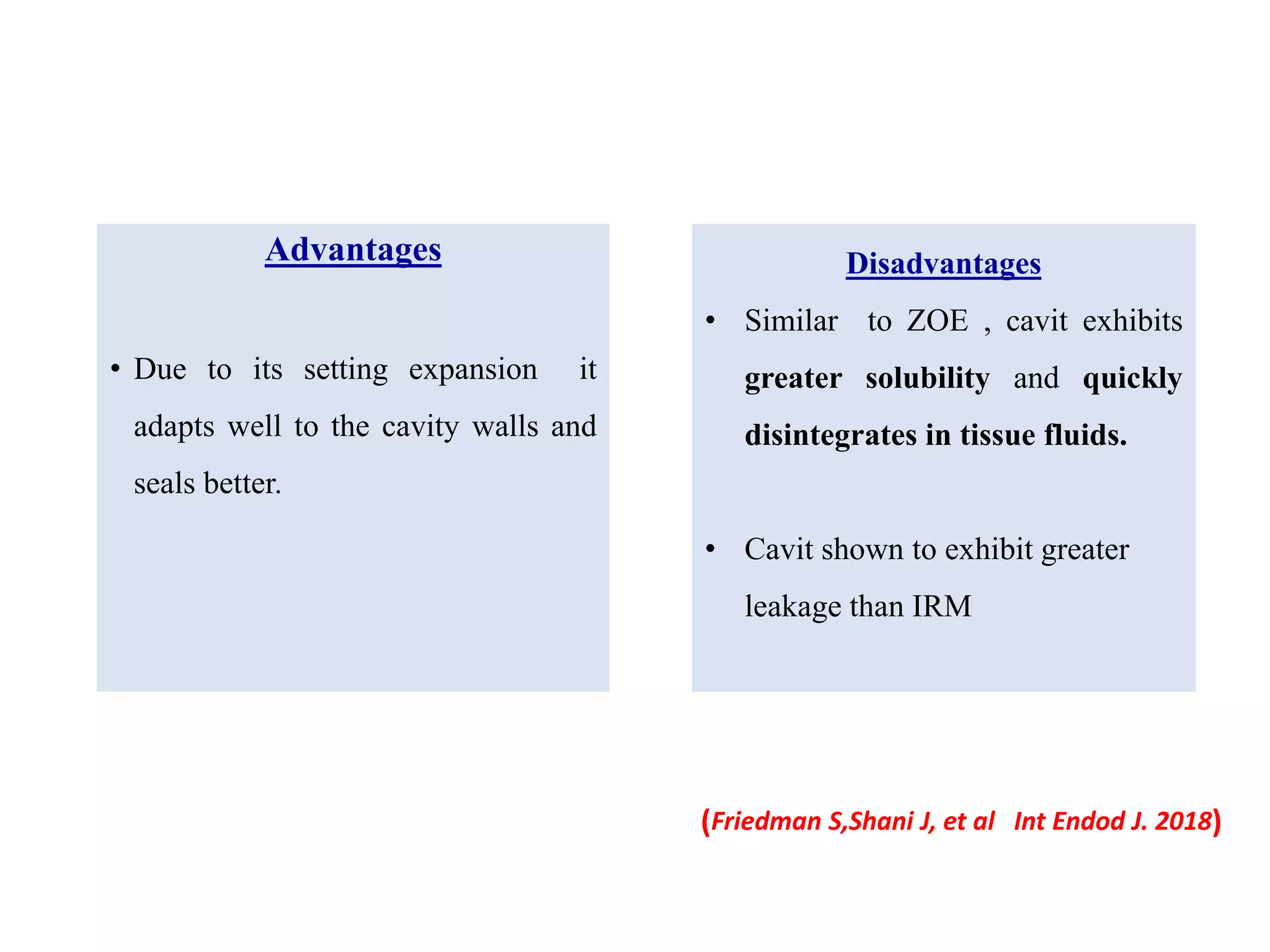 Advantages
• Due to its setting expansion it
adapts well to the cavity walls and
seals better.
Disadvantages
• Similar to ZOE , cavit exhibits
greater solubility and quickly
disintegrates in tissue fluids.
• Cavit shown to exhibit greater
leakage than IRM
(Friedman S,Shani J, et al Int Endod J. 2018)
 