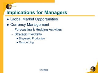 Implications for Managers
 Global Market Opportunities
 Currency Management
– Forecasting & Hedging Activities
– Strategic Flexibility
 Dispersed Production
 Outsourcing
7/14/2022
 