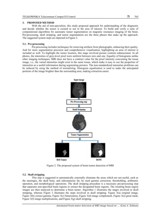 TELKOMNIKA Telecommun Comput El Control 
Automated brain tumor detection of MRI image based on … (Lina A. Salman)
765
3. PROPOSED METHOD
With the aid of non-specialists, this study proposed approach for understanding of the diagnostic
and decide whether the tumor is existed or not in the area of interest. To build and verify a suite of
computational algorithms for automatic tumor segmentation on magnetic resonance imaging of the brain.
Pre-processing, skull stripping, and tumor segmentation are the three phases that make up the approach.
The suggested system steps are depicted in Figure 2.
3.1. Pre-processing
Pre-processing includes techniques for removing artifacts from photographs, enhancing their quality.
And for more segmentation precision and comprehensive visualization, highlighting an area of interest is
included as well. To highlight the tumor location, this stage involved picture contrast enhancement. In all
photos, the intensities of grey-level pixel were uniform between zero and one. Equality of histograms unlike
other imaging techniques, MRI does not have a contract value for the pixel intensity concerning the tissue
image, i.e., the varied intensities might exist in the same tissue, which make it easy to use the properties of
intensities as a useful information during segmenting pictures. The non-standardized intensities problems can
be reduced by using the method of normalizing. Histogram equalization is used to make the anticipated
portions of the image brighter than the surrounding area, making extraction easier.
Figure 2. The proposed system of brain tumor detection of MRI
3.2. Skull stripping
This step is suggested to automatically externally eliminate the areas which are not useful, such as
the meninges, the skull bone, and subcutaneous fat, by used gamma correction, thresholding, arithmetic
operation, and morphological operations. The skull stripping procedure is a necessary pre-processing step
that separates non-specified brain regions to extract the designated brain regions. The resulting brain region
images are then analyzed to determine a brain tumor. Algorithm 1 illustrates the stages involved in skull
stripping, whereas Figure 3 illustrates the steps involved in skull stripping. Figure 3(a) original image,
Figure 3(b) correct gamma, Figure 3(c) binarization, Figure 3(d) image complement, Figure 3(e) great mask,
Figure 3(f) image multiplications, and Figure 3(g) skull stripping.
 