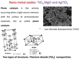 Nano metal oxides- TiO2,MgO and AgTiO2
Two types of structures -Titanium dioxide (TiO2) nanoparticles
Photo catalysis is the activity
occurring when a light source interacts
with the surface of semiconductor
materials, the so called photo
catalysts.
 