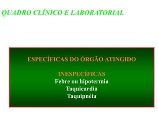 ESPECÍFICAS DO ÓRGÃO ATINGIDO
INESPECÍFICAS
Febre ou hipotermia
Taquicardia
Taquipnéia
QUADRO CLÍNICO E LABORATORIAL
 