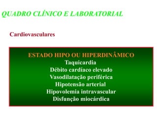 Cardiovasculares
ESTADO HIPO OU HIPERDINÂMICO
Taquicardia
Débito cardíaco elevado
Vasodilatação periférica
Hipotensão arterial
Hipovolemia intravascular
Disfunção miocárdica
QUADRO CLÍNICO E LABORATORIAL
 