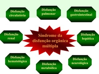 Síndrome da
disfunção orgânica
múltipla
Disfunção
renal
Disfunção
hepática
Disfunção
circulatória
Disfunção
pulmonar
Disfunção
neurológica
Disfunção
hematológica
Disfunção
gastrointestinal
Disfunção
metabólica
 