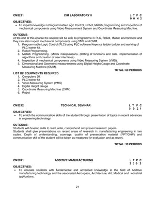 21
CM5211 CIM LABORATORY II L T P C
0 0 4 2
OBJECTIVES:
 To impart knowledge in Programmable Logic Control, Robot, Matlab programming and inspection of
mechanical components using Video Measurement System and Coordinate Measuring Machine.
OUTCOME:
At the end of this course the student will be able to programme in PLC, Robot, Matlab environment and
they can also inspect mechanical components using VMS and CMM.
1. Programmable Logic Control (PLC) using PLC software Keyence ladder builder and working of
PLC trainer kit.
2. Robot Programming.
3. Matlab Programming. (Matrix manipulations, plotting of functions and data, implementation of
algorithms and creation of user interfaces).
4. Inspection of mechanical components using Video Measuring System (VMS).
5. Dimensional and Geometric measurements using Digital Height Gauge and Coordinate
Measuring Machine (CMM).
TOTAL: 60 PERIODS
LIST OF EQUIPMENTS REQUIRED:
1. Computers 20
2. PLC trainer kit
3. Video Measuring System (VMS)
4. Digital Height Gauge
5. Coordinate Measuring Machine (CMM)
6. Robot
CM5212 TECHNICAL SEMINAR L T P C
0 0 2 1
OBJECTIVES:
 To enrich the communication skills of the student through presentation of topics in recent advances
in engineering/technology
OUTCOME:
Students will develop skills to read, write, comprehend and present research papers.
Students shall give presentations on recent areas of research in manufacturing engineering in two
cycles. Depth of understanding, coverage, quality of presentation material (PPT/OHP) and
communication skill of the student will be taken as measures for evaluation and as report.
TOTAL: 30 PERIODS
CM5091 ADDITIVE MANUFACTURING L T P C
3 0 0 3
OBJECTIVES:
 To educate students with fundamental and advanced knowledge in the field of Additive
manufacturing technology and the associated Aerospace, Architecture, Art, Medical and industrial
applications.
 