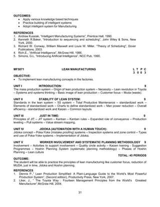 31
OUTCOMES:
 Apply various knowledge based techniques
 Practice building of intelligent systems
 Adopt intelligent system for Manufacturing
REFERENCES
1. Andrew Kussiak, “Intelligent Manufacturing Systems”, Prentice Hall, 1990.
2. Kenneth R.Baker, “Introduction to sequencing and scheduling”, John Wiley & Sons, New
York, 2000.
3. Richard W. Conway, William Maxwell and Louis W. Miller, “Theory of Scheduling”, Dover
Publications, 2003.
4. Rich,E., “Artificial Intelligence”, McGraw Hill, 1986.
5. Simons, G.L, “Introducing Artificial Intelligence”, NCC Pub, 1990.
MF5071 LEAN MANUFACTURING L T P C
3 0 0 3
OBJECTIVE:
 To implement lean manufacturing concepts in the factories.
UNIT I INTRODUCTION: 9
The mass production system – Origin of lean production system – Necessity – Lean revolution in Toyota
– Systems and systems thinking – Basic image of lean production – Customer focus – Muda (waste).
UNIT II STABILITY OF LEAN SYSTEM: 9
Standards in the lean system – 5S system – Total Productive Maintenance – standardized work –
Elements of standardized work – Charts to define standardized work – Man power reduction – Overall
efficiency - standardized work and Kaizen – Common layouts.
UNIT III JUST IN TIME: 9
Principles of JIT – JIT system – Kanban – Kanban rules – Expanded role of conveyance – Production
leveling – Pull systems – Value stream mapping.
UNIT IV JIDOKA (AUTOMATION WITH A HUMAN TOUCH): 9
Jidoka concept – Poka-Yoke (mistake proofing) systems – Inspection systems and zone control – Types
and use of Poka-Yoke systems – Implementation of Jidoka.
UNIT V WORKER INVOLVEMENT AND SYSTEMATIC PLANNING METHODOLOGY 9
Involvement – Activities to support involvement – Quality circle activity – Kaizen training - Suggestion
Programmes – Hoshin Planning System (systematic planning methodology) – Phases of Hoshin
Planning – Lean culture
TOTAL: 45 PERIODS
OUTCOME:
The student will be able to practice the principles of lean manufacturing like customer focus, reduction of
MUDA, just in time, Jidoka and Hoshin planning.
REFERENCES
1. Dennis P.,” Lean Production Simplified: A Plain-Language Guide to the World's Most Powerful
Production System”, (Second edition), Productivity Press, New York, 2007.
2. Liker, J., “ The Toyota Way : Fourteen Management Principles from the World's Greatest
Manufacturer”,McGraw Hill, 2004.
 