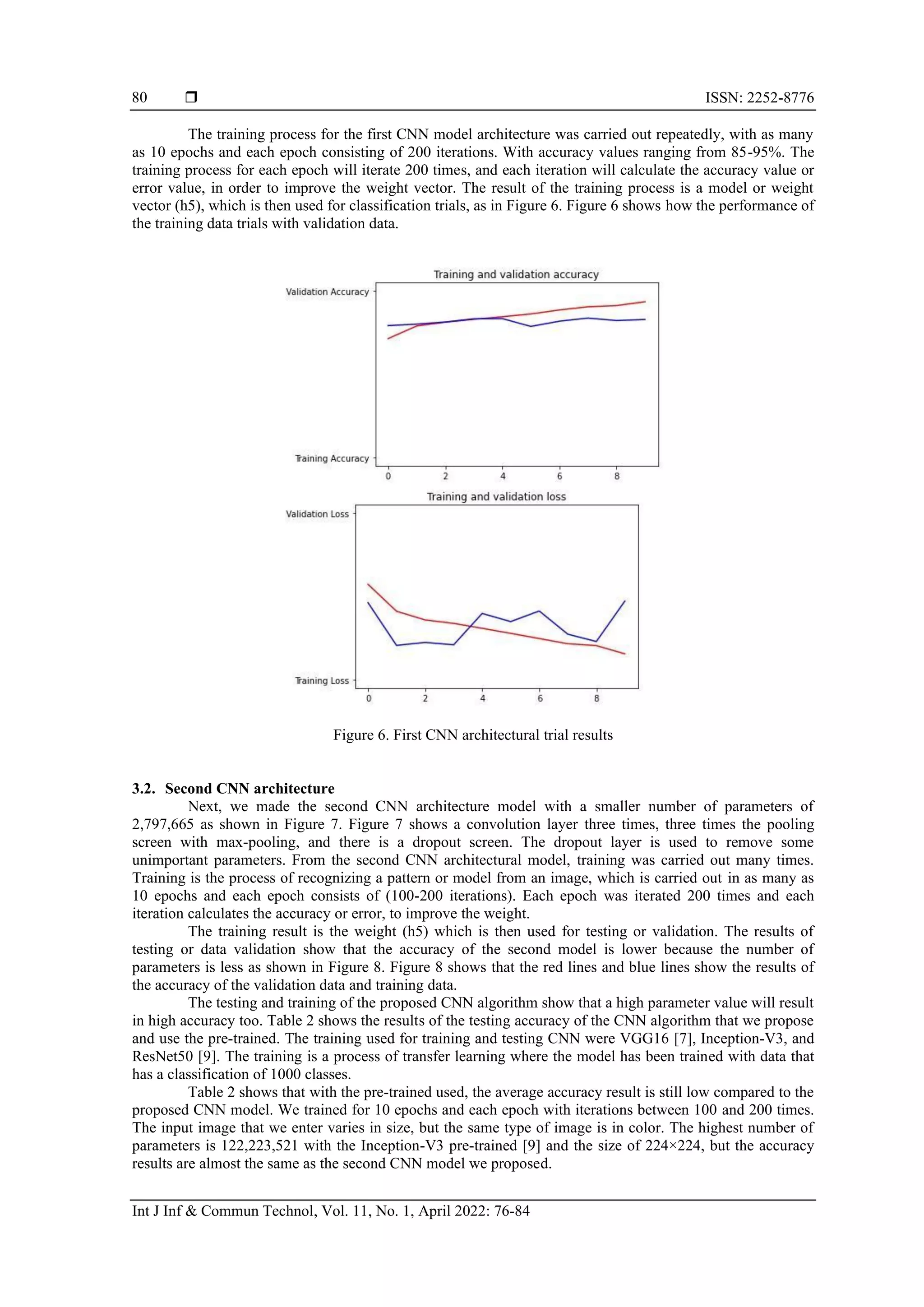  ISSN: 2252-8776
Int J Inf & Commun Technol, Vol. 11, No. 1, April 2022: 76-84
80
The training process for the first CNN model architecture was carried out repeatedly, with as many
as 10 epochs and each epoch consisting of 200 iterations. With accuracy values ranging from 85-95%. The
training process for each epoch will iterate 200 times, and each iteration will calculate the accuracy value or
error value, in order to improve the weight vector. The result of the training process is a model or weight
vector (h5), which is then used for classification trials, as in Figure 6. Figure 6 shows how the performance of
the training data trials with validation data.
Figure 6. First CNN architectural trial results
3.2. Second CNN architecture
Next, we made the second CNN architecture model with a smaller number of parameters of
2,797,665 as shown in Figure 7. Figure 7 shows a convolution layer three times, three times the pooling
screen with max-pooling, and there is a dropout screen. The dropout layer is used to remove some
unimportant parameters. From the second CNN architectural model, training was carried out many times.
Training is the process of recognizing a pattern or model from an image, which is carried out in as many as
10 epochs and each epoch consists of (100-200 iterations). Each epoch was iterated 200 times and each
iteration calculates the accuracy or error, to improve the weight.
The training result is the weight (h5) which is then used for testing or validation. The results of
testing or data validation show that the accuracy of the second model is lower because the number of
parameters is less as shown in Figure 8. Figure 8 shows that the red lines and blue lines show the results of
the accuracy of the validation data and training data.
The testing and training of the proposed CNN algorithm show that a high parameter value will result
in high accuracy too. Table 2 shows the results of the testing accuracy of the CNN algorithm that we propose
and use the pre-trained. The training used for training and testing CNN were VGG16 [7], Inception-V3, and
ResNet50 [9]. The training is a process of transfer learning where the model has been trained with data that
has a classification of 1000 classes.
Table 2 shows that with the pre-trained used, the average accuracy result is still low compared to the
proposed CNN model. We trained for 10 epochs and each epoch with iterations between 100 and 200 times.
The input image that we enter varies in size, but the same type of image is in color. The highest number of
parameters is 122,223,521 with the Inception-V3 pre-trained [9] and the size of 224×224, but the accuracy
results are almost the same as the second CNN model we proposed.
 