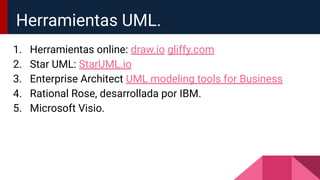 Herramientas UML.
1. Herramientas online: draw.io gliffy.com
2. Star UML: StarUML.io
3. Enterprise Architect UML modeling tools for Business
4. Rational Rose, desarrollada por IBM.
5. Microsoft Visio.
 