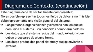 Diagrama de Contexto. (continuación)
Este diagrama debe de ser fácilmente comprensible:
No es posible representar todos los ﬂujos de datos, sino más bien
debe representarse una visión general del sistema:
➔ Las personas, organizaciones y sistemas con los que se
comunica el sistema. Son conocidos como terminadores.
➔ Los datos que el sistema recibe del mundo exterior y que
deben procesarse de alguna forma.
➔ Los datos producidos por el sistema y que se enviarán al
exterior.
 