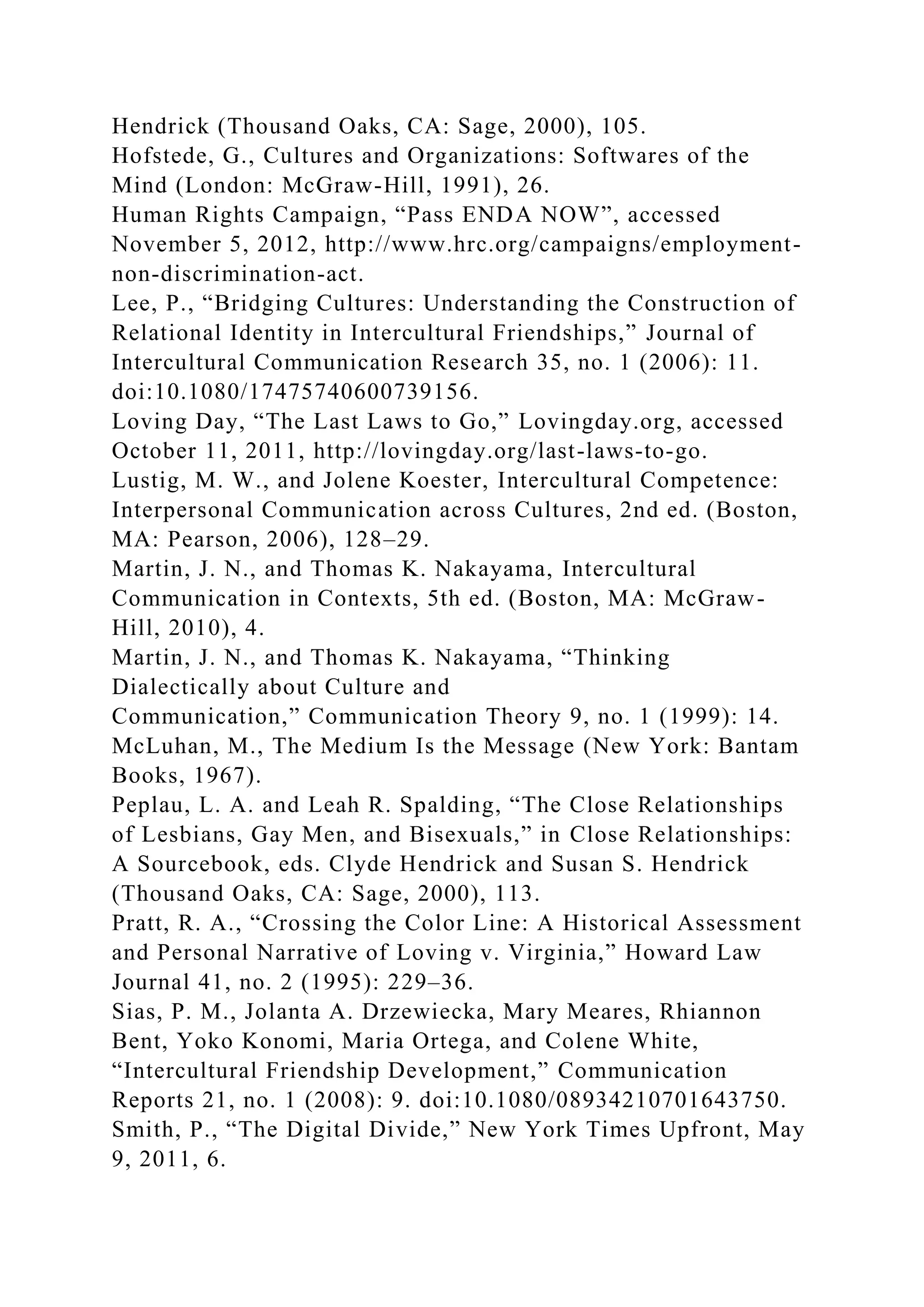 Hendrick (Thousand Oaks, CA: Sage, 2000), 105.
Hofstede, G., Cultures and Organizations: Softwares of the
Mind (London: McGraw-Hill, 1991), 26.
Human Rights Campaign, “Pass ENDA NOW”, accessed
November 5, 2012, http://www.hrc.org/campaigns/employment-
non-discrimination-act.
Lee, P., “Bridging Cultures: Understanding the Construction of
Relational Identity in Intercultural Friendships,” Journal of
Intercultural Communication Research 35, no. 1 (2006): 11.
doi:10.1080/17475740600739156.
Loving Day, “The Last Laws to Go,” Lovingday.org, accessed
October 11, 2011, http://lovingday.org/last-laws-to-go.
Lustig, M. W., and Jolene Koester, Intercultural Competence:
Interpersonal Communication across Cultures, 2nd ed. (Boston,
MA: Pearson, 2006), 128–29.
Martin, J. N., and Thomas K. Nakayama, Intercultural
Communication in Contexts, 5th ed. (Boston, MA: McGraw-
Hill, 2010), 4.
Martin, J. N., and Thomas K. Nakayama, “Thinking
Dialectically about Culture and
Communication,” Communication Theory 9, no. 1 (1999): 14.
McLuhan, M., The Medium Is the Message (New York: Bantam
Books, 1967).
Peplau, L. A. and Leah R. Spalding, “The Close Relationships
of Lesbians, Gay Men, and Bisexuals,” in Close Relationships:
A Sourcebook, eds. Clyde Hendrick and Susan S. Hendrick
(Thousand Oaks, CA: Sage, 2000), 113.
Pratt, R. A., “Crossing the Color Line: A Historical Assessment
and Personal Narrative of Loving v. Virginia,” Howard Law
Journal 41, no. 2 (1995): 229–36.
Sias, P. M., Jolanta A. Drzewiecka, Mary Meares, Rhiannon
Bent, Yoko Konomi, Maria Ortega, and Colene White,
“Intercultural Friendship Development,” Communication
Reports 21, no. 1 (2008): 9. doi:10.1080/08934210701643750.
Smith, P., “The Digital Divide,” New York Times Upfront, May
9, 2011, 6.
 