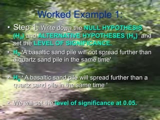 • Step 1. Write down the NULL HYPOTHESIS
(H0) and ALTERNATIVE HYPOTHESES (Ha) and
set the LEVEL OF SIGNIFICANCE.
• H0 'A basaltic sand pile will not spread further than
a quartz sand pile in the same time'
• Ha ' A basaltic sand pile will spread further than a
quartz sand pile in the same time '
• We will set the level of significance at 0.05.
Worked Example 1:
 