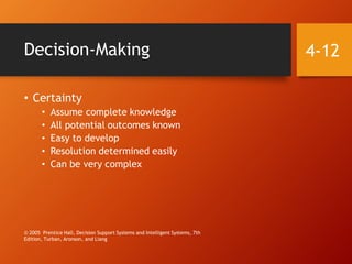 Decision-Making
• Certainty
• Assume complete knowledge
• All potential outcomes known
• Easy to develop
• Resolution dete...