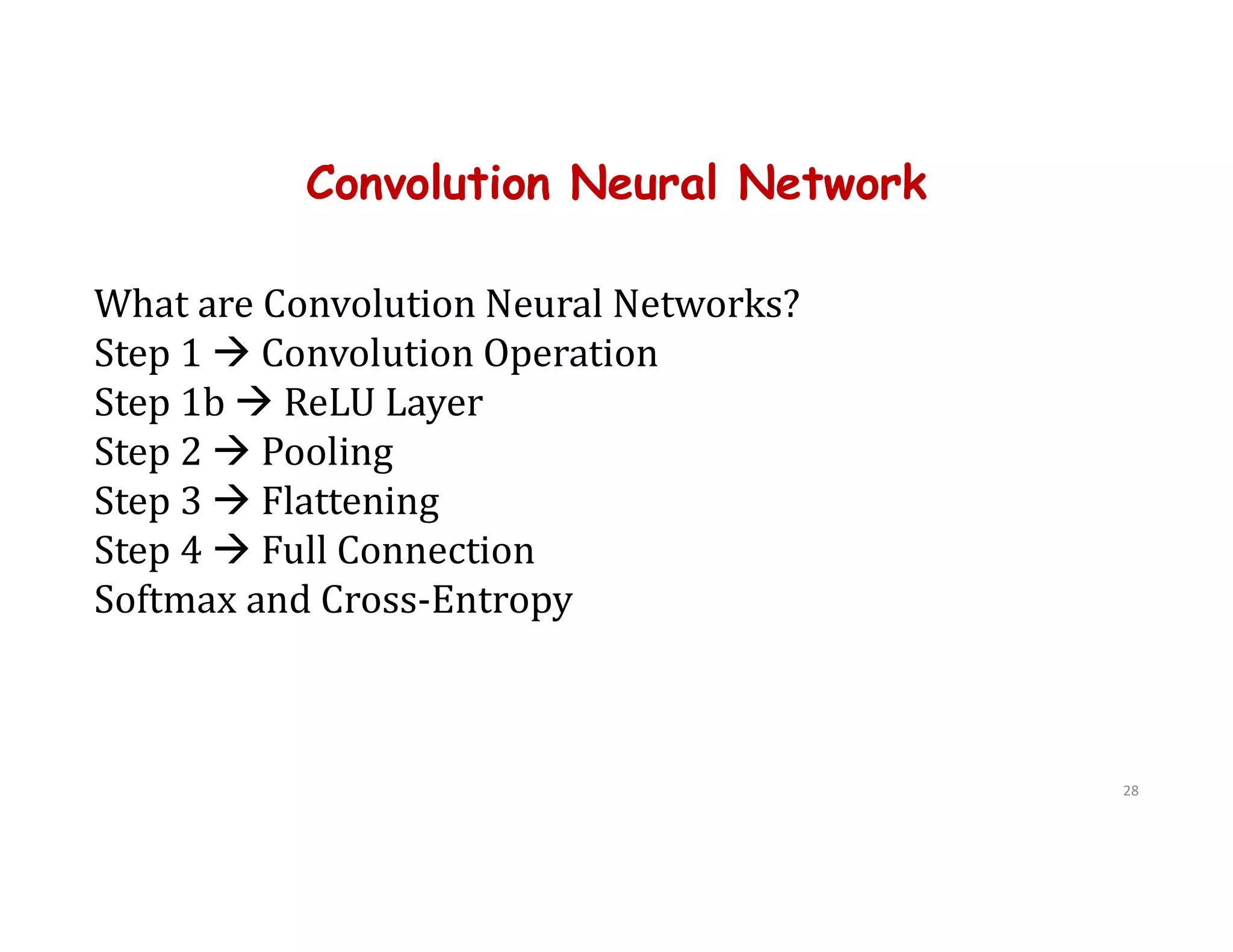 Convolution Neural Network
28
What are Convolution Neural Networks?
Step 1  Convolution Operation
Step 1b  ReLU Layer
Step 2  Pooling
Step 3  Flattening
Step 4  Full Connection
Softmax and Cross-Entropy
 