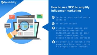 How to use SEO to amplify
influencer marketing
Optimize your social media
profiles
Be active online
Utilize vocal queues and
subliminal markers in
influential posts to gear
users toward specific
search topics and keywords
Be ready with specific web
pages and blog post topics
to target search results
 