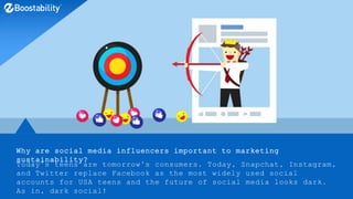 Why are social media influencers important to marketing
sustainability?
Today’s teens are tomorrow’s consumers. Today, Snapchat, Instagram,
and Twitter replace Facebook as the most widely used social
accounts for USA teens and the future of social media looks dark.
As in, dark social!
 