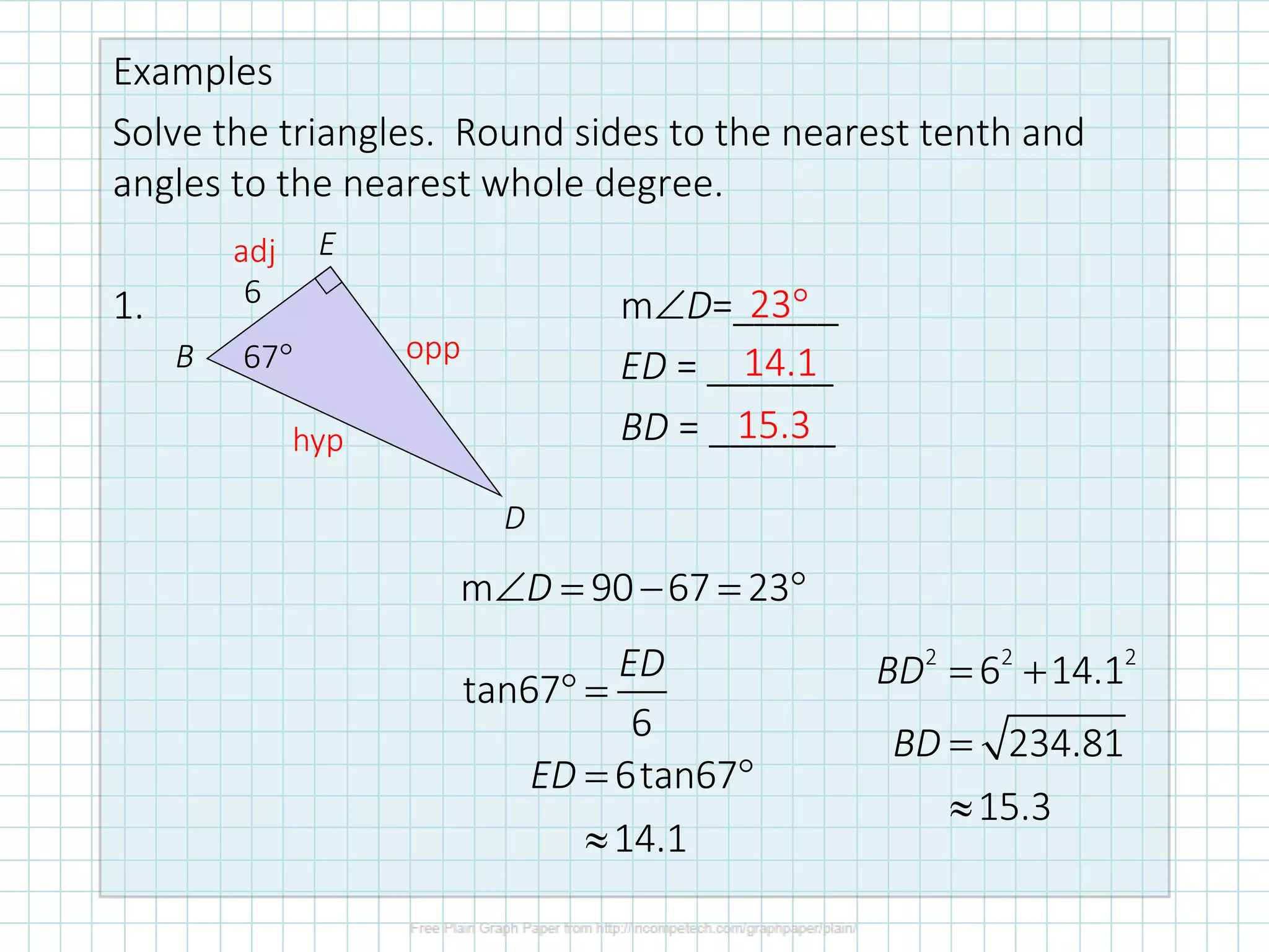 Examples
Solve the triangles. Round sides to the nearest tenth and
angles to the nearest whole degree.
1. mD=_____
ED = ______
BD = ______
6
67
B
E
D
adj
opp
hyp
tan67
6
6tan67
14.1
ED
ED
 =
= 

m 90 67 23
D
 = − = 
2 2 2
6 14.1
234.81
15.3
BD
BD
= +
=

23
14.1
15.3
 