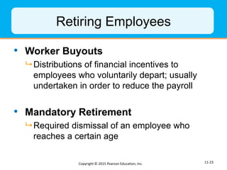 Retiring Employees
• Worker Buyouts
 Distributions of financial incentives to
employees who voluntarily depart; usually
u...
