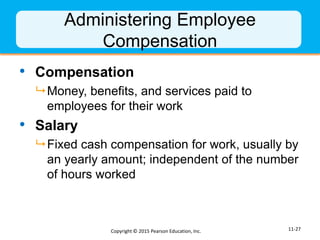 Administering Employee
Compensation
• Compensation
 Money, benefits, and services paid to
employees for their work
• Sala...