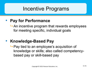 Incentive Programs
• Pay for Performance
 An incentive program that rewards employees
for meeting specific, individual go...