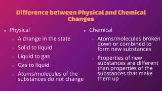 Differencebetween PhysicalandChemical
Changes
● Physical
○ A change in the state
○ Solid to liquid
○ Liquid to gas
○ Gas to liquid
○ Atoms/molecules of the
substances do not change
● Chemical
○ Atoms/molecules broken
down or combined to
form new substances
○ Properties of new
substances are different
than properties of the
substances that make
them up
 
