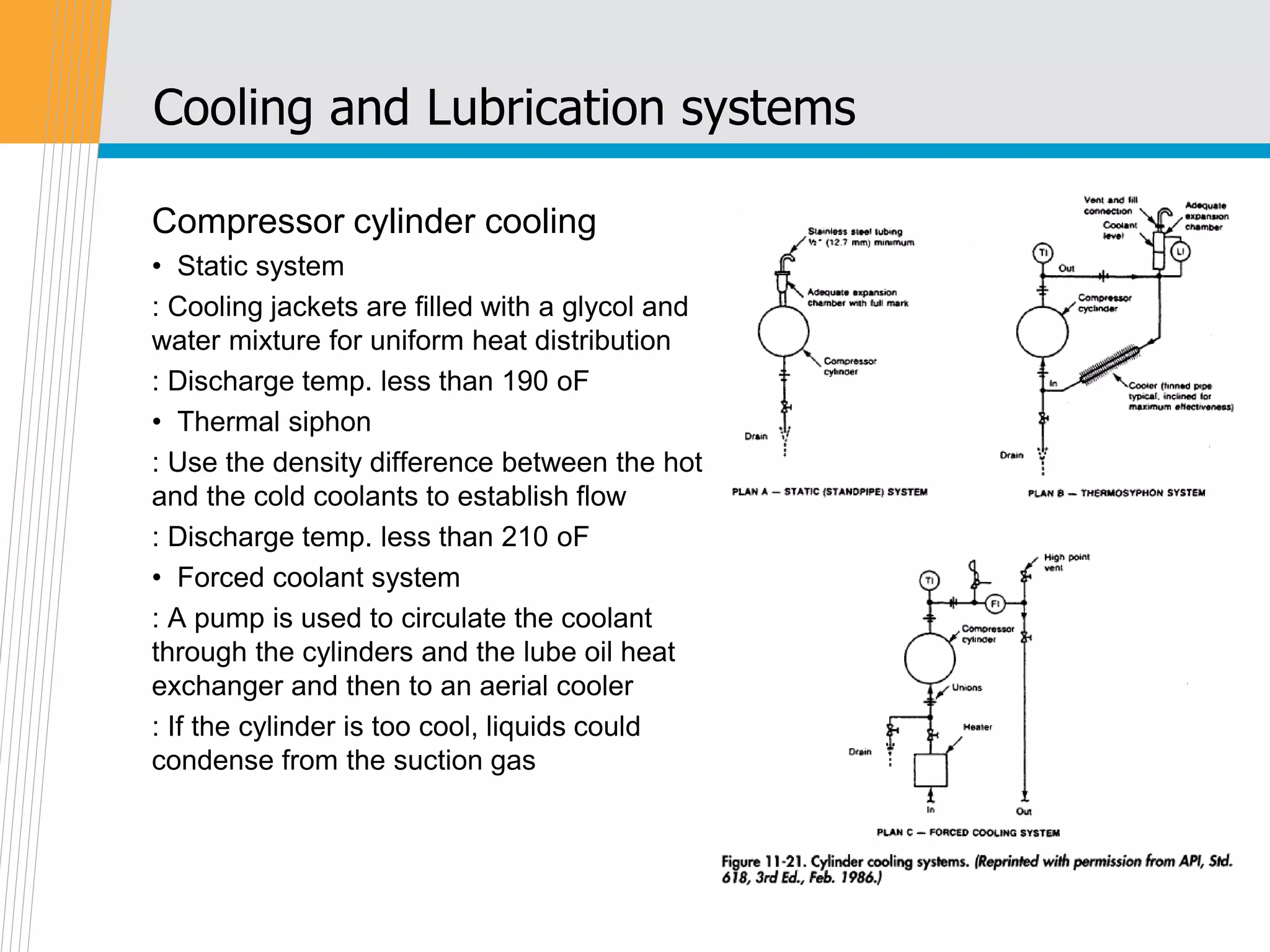 Cooling and Lubrication systems
Compressor cylinder cooling
• Static system
: Cooling jackets are filled with a glycol and
water mixture for uniform heat distribution
: Discharge temp. less than 190 oF
• Thermal siphon
: Use the density difference between the hot
and the cold coolants to establish flow
: Discharge temp. less than 210 oF
• Forced coolant system
: A pump is used to circulate the coolant
through the cylinders and the lube oil heat
exchanger and then to an aerial cooler
: If the cylinder is too cool, liquids could
condense from the suction gas
 