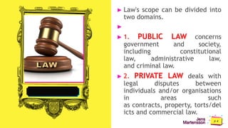 Jens
Martensson
► Law's scope can be divided into
two domains.
►
► 1. PUBLIC LAW concerns
government and society,
including constitutional
law, administrative law,
and criminal law.
► 2. PRIVATE LAW deals with
legal disputes between
individuals and/or organisations
in areas such
as contracts, property, torts/del
icts and commercial law.
 
