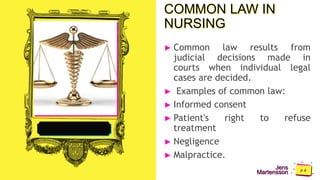 Jens
Martensson
COMMON LAW IN
NURSING
► Common law results from
judicial decisions made in
courts when individual legal
cases are decided.
► Examples of common law:
► Informed consent
► Patient's right to refuse
treatment
► Negligence
► Malpractice.
 