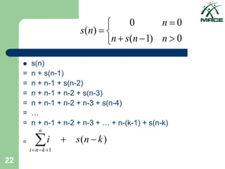 22
 s(n)
= n + s(n-1)
= n + n-1 + s(n-2)
= n + n-1 + n-2 + s(n-3)
= n + n-1 + n-2 + n-3 + s(n-4)
= …
= n + n-1 + n-2 + n-3 + … + n-(k-1) + s(n-k)
=








0
)
1
(
0
0
)
(
n
n
s
n
n
n
s
)
(
1
k
n
s
i
n
k
n
i





 