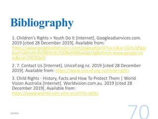 Bibliography
1. Children's Rights » Youth Do It [Internet]. Googleadservices.com.
2019 [cited 28 December 2019]. Available from:
https://www.googleadservices.com/pagead/aclk?sa=L&ai=DChcSEwjz
6anFvNfmAhWZBXIKHb7OD8oYABAAGgJzZg&ohost=www.google.co
m&cid=CAESQeD
2. 7. Contact Us [Internet]. Unicef.org.nz. 2019 [cited 28 December
2019]. Available from: https://www.unicef.org.nz/child-rights
3. Child Rights - History, Facts and How To Protect Them | World
Vision Australia [Internet]. Worldvision.com.au. 2019 [cited 28
December 2019]. Available from:
https://www.worldvision.com.au/child-rights
 