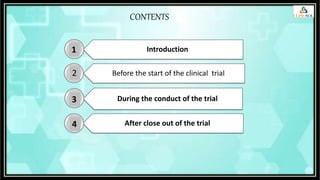 CONTENTS
Introduction
Before the start of the clinical trial
During the conduct of the trial
After close out of the trial
1
2
3
4
 