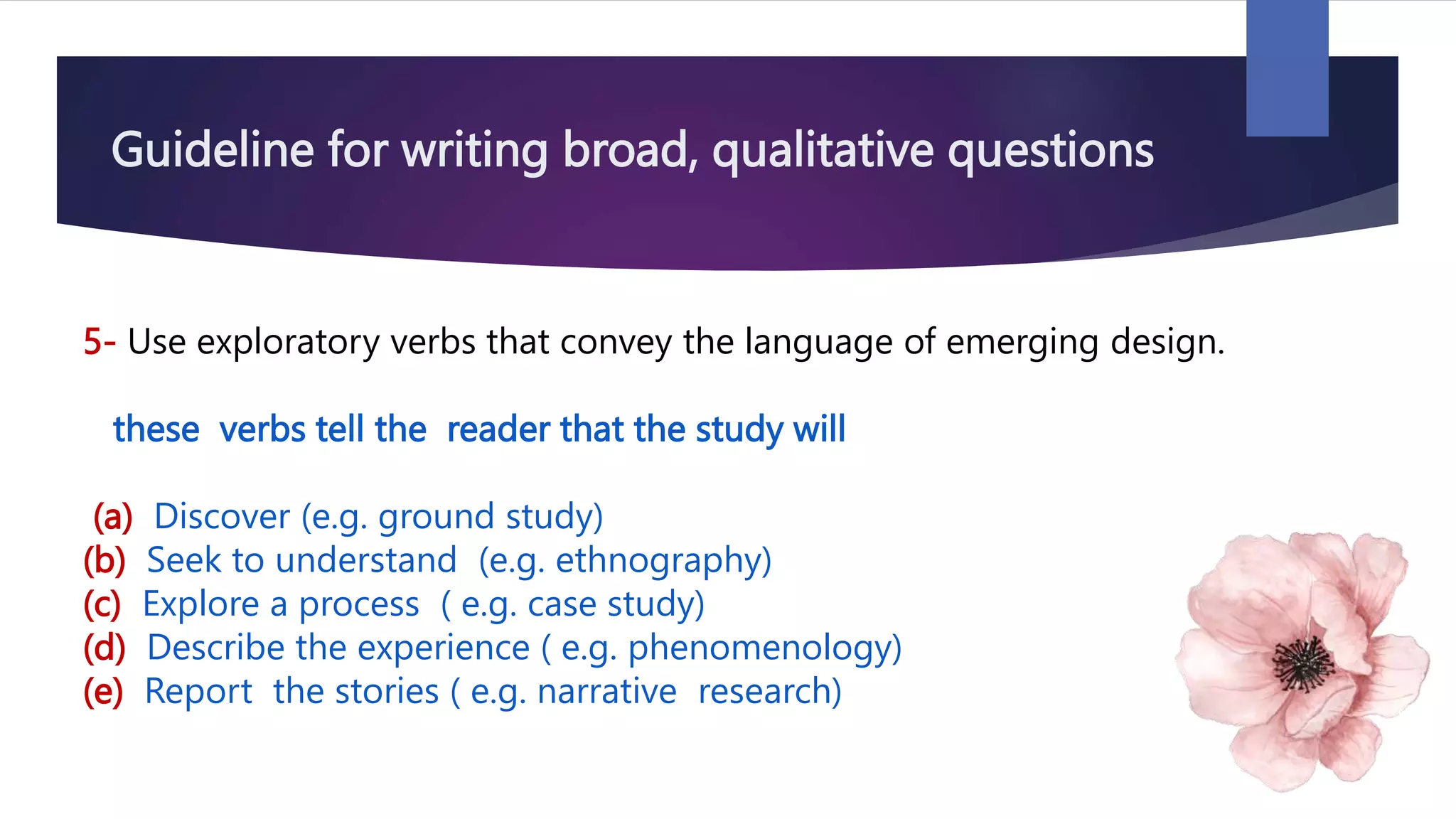 Guideline for writing broad, qualitative questions
5- Use exploratory verbs that convey the language of emerging design.
these verbs tell the reader that the study will
(a) Discover (e.g. ground study)
(b) Seek to understand (e.g. ethnography)
(c) Explore a process ( e.g. case study)
(d) Describe the experience ( e.g. phenomenology)
(e) Report the stories ( e.g. narrative research)
 