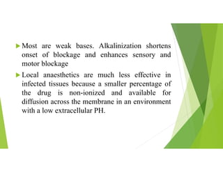  Most are weak bases. Alkalinization shortens
onset of blockage and enhances sensory and
motor blockage
 Local anaesthetics are much less effective in
infected tissues because a smaller percentage of
the drug is non-ionized and available for
diffusion across the membrane in an environment
with a low extracellular PH.
 