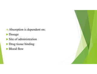  Absorption is dependent on:
 Dosage
 Site of administration
 Drug tissue binding
 Blood flow
 