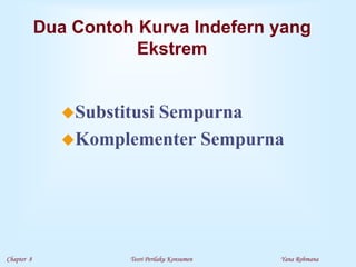 Chapter 8 Teori Perilaku Konsumen Yana Rohmana
Dua Contoh Kurva Indefern yang
Ekstrem
Substitusi Sempurna
Komplementer Sempurna
 