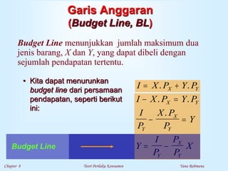 Chapter 8 Teori Perilaku Konsumen Yana Rohmana
I X P Y P
I
P
X P
P
Y
Y
I
P
P
P
X
X Y
Y
X
Y
Y
X
Y
 
 
 
. .
.
I X P Y P
X Y
 
. .
Garis Anggaran
(Budget Line, BL)
Budget Line menunjukkan jumlah maksimum dua
jenis barang, X dan Y, yang dapat dibeli dengan
sejumlah pendapatan tertentu.
• Kita dapat menurunkan
budget line dari persamaan
pendapatan, seperti berikut
ini:
Budget Line
 