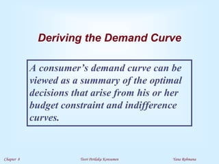 Chapter 8 Teori Perilaku Konsumen Yana Rohmana
Deriving the Demand Curve
A consumer’s demand curve can be
viewed as a summary of the optimal
decisions that arise from his or her
budget constraint and indifference
curves.
 