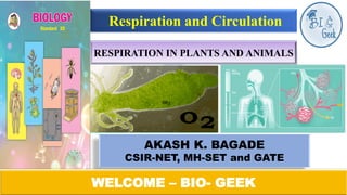 Respiration and Circulation
RESPIRATION IN PLANTS AND ANIMALS
AKASH K. BAGADE
CSIR-NET, MH-SET and GATE
WELCOME – BIO- GEEK
 