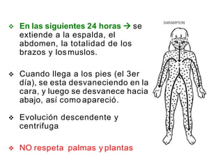  En las siguientes 24 horas  se
extiende a la espalda, el
abdomen, la totalidad de los
brazos y losmuslos.
 Cuando llega a los pies (el 3er
día), se esta desvaneciendo en la
cara, y luego se desvanece hacia
abajo, así como apareció.
 Evolución descendente y
centrifuga
 NO respeta palmas y plantas
 
