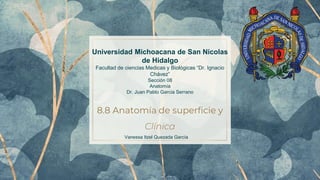 8.8 Anatomía de superficie y
Clínica
Universidad Michoacana de San Nicolas
de Hidalgo
Facultad de ciencias Medicas y Biológicas “Dr. Ignacio
Chávez”
Sección 08
Anatomía
Dr. Juan Pablo Garcia Serrano
Vanessa Itzel Quezada García
 