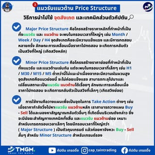 กัปตัน เทรดดิ้ง
กัปตัน เทรดดิ้ง
cap_taintrading
cap_taintrading
กัปตัน เทรดดิ้ง
กัปตัน เทรดดิ้ง
CAPTAIN
CAPTAIN
Major Price Structure คือโครงสร้างราคาหลักที่ทำหน้าที่เป็น
ทั้งแนวรับ และ แนวต้าน จะพบในกรอบเวลาที่ใหญ่ๆ เช่น Month /
Week / Day / H4 จุดสังเกตคือจะมีความแข็งแรง และมีการทดสอบ
หลายครั้ง ลักษณะการเคลื่อนเมื่อราคาไปทดสอบ จะเกิดการกลับตัว
เป็นสวิงที่ใหญ่ (เกิดสวิงหลัก)
Minor Price Structure คือโครงสร้างราคาย่อยที่ทำหน้าที่เป็น
ทั้งแนวรับ และแนวต้านเช่นกัน แต่จะพบในกรอบเวลาที่เล็กๆ เช่น H1
/ M30 / M15 / M5 ต่ำกว่านี้ไม่แนะนำเนื่องจากจะมีความผันผวนสูง
จุดสังเกตคือแนวย่อยนี้ จะไม่ค่อยแข็งแรง สามารถทะลุไปมาและ
เปลี่ยนสถานะเป็นแนวรับ แนวต้านได้เรื่อยๆ ลักษณะการเคลื่อนเมื่อ
ราคาไปทดสอบ จะเกิดการกลับตัวเป็นสวิงที่เล็กๆ (เกิดสวิงย่อย)
การใช้งานคือวางแผนเพื่อเป็นจุดในการ Take Action ต่างๆ เช่น
เมื่อราคากำลังวิ่งไปหาแนวรับ แนวต้านหลัก เราสามารถวางแผน Buy
- Sell ได้และมองหาสัญญาณกลับตัวอื่นๆ ที่เกิดขึ้นบริเวณดังกล่าว ซึ่ง
จะมีนัยยะสำคัญทางเทคนิคทั้งสิ้น และแนวรับ แนวต้านย่อย เหมาะ
สำหรับเทรดกรอบเวลาเล็กๆ โดยมีกรอบเวลาที่ใหญ่กว่า
( Major Structure ) เป็นตัวคุมเทรนด์ แล้วค่อยหาจังหวะ Buy - Sell
สั้นๆ สำหรับ Minor Structure สำหรับเทรนด์รอง
วิธีการนำไปใช้
วิธีการนำไปใช้ จุดสังเกต
จุดสังเกต และเทคนิคส่วนตัวกัปตัน
และเทคนิคส่วนตัวกัปตัน
 