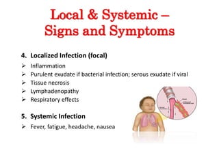 Local & Systemic –
Signs and Symptoms
4. Localized Infection (focal)
 Inflammation
 Purulent exudate if bacterial infection; serous exudate if viral
 Tissue necrosis
 Lymphadenopathy
 Respiratory effects
5. Systemic Infection
 Fever, fatigue, headache, nausea
 
