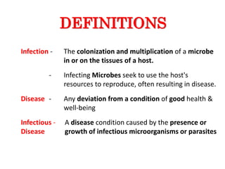 DEFINITIONS
Infection - The colonization and multiplication of a microbe
in or on the tissues of a host.
- Infecting Microbes seek to use the host's
resources to reproduce, often resulting in disease.
Disease - Any deviation from a condition of good health &
well-being
Infectious - A disease condition caused by the presence or
Disease growth of infectious microorganisms or parasites
 
