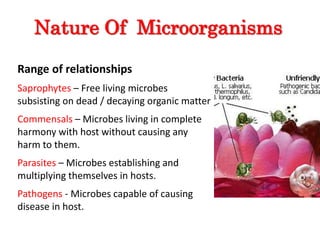 Range of relationships
Saprophytes – Free living microbes
subsisting on dead / decaying organic matter
Commensals – Microbes living in complete
harmony with host without causing any
harm to them.
Parasites – Microbes establishing and
multiplying themselves in hosts.
Pathogens - Microbes capable of causing
disease in host.
Nature Of Microorganisms
 