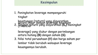 secara linear dengan leverage keuangan
(financial
Kesimpulan
1. Peningkatan leverage mempengaruhi
tingkat
keuntungan (return) yang disyaratkan.
2. Tingkat return yang disyaratkan (ke) meningkat
leverage) yang diukur dengan perimbangan
antara hutang (B) dengan saham (S).
3. Nilai total perusahaan (V) dan harga saham per
lembar tidak berubah walaupun leverage
keuangannya berubah.
 