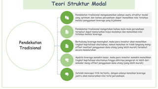 Teori Struktur Modal
Pendekatan
Tradisional
Setelah mencapai titik tertentu, dengan adanya kenaikan leverage
justru akan menurunkan nilai total perusahaan.
Apabila leverage semakin besar, maka para investor semakin menaikkan
tingkat kapitalisasi ekuitasnya hingga akhirnya pengaruh ini lebih dari
sekadar meng-offset penggunaan dana utang (yang lebih murah)
Berhubung leverage meningkat, maka para investor akan menaikkan
tingkat kapitalisasi ekuitasnya, namun kenaikan ini tidak langsung meng-
offset manfaat penggunaan dana utang (yang lebih murah) tersebut
secara keseluruhan
Pendekatan tradisional mengatakan bahwa mula-mula perusahaan
tersebut dapat menurunkan biaya modalnya dan menaikkan nilai
totalnya melalui leverage.
Pendekatan tradisional mengasumsikan adanya suatu struktur modal
yang optimum dan bahwa perusahaan dapat menaikkan nilai totalnya
melalui penggunaan leverage yang bijaksana
 